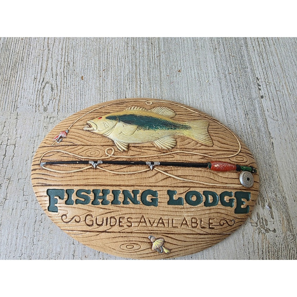 Vintage ceramic fishing plaque sign Lodge Fisher wall decor